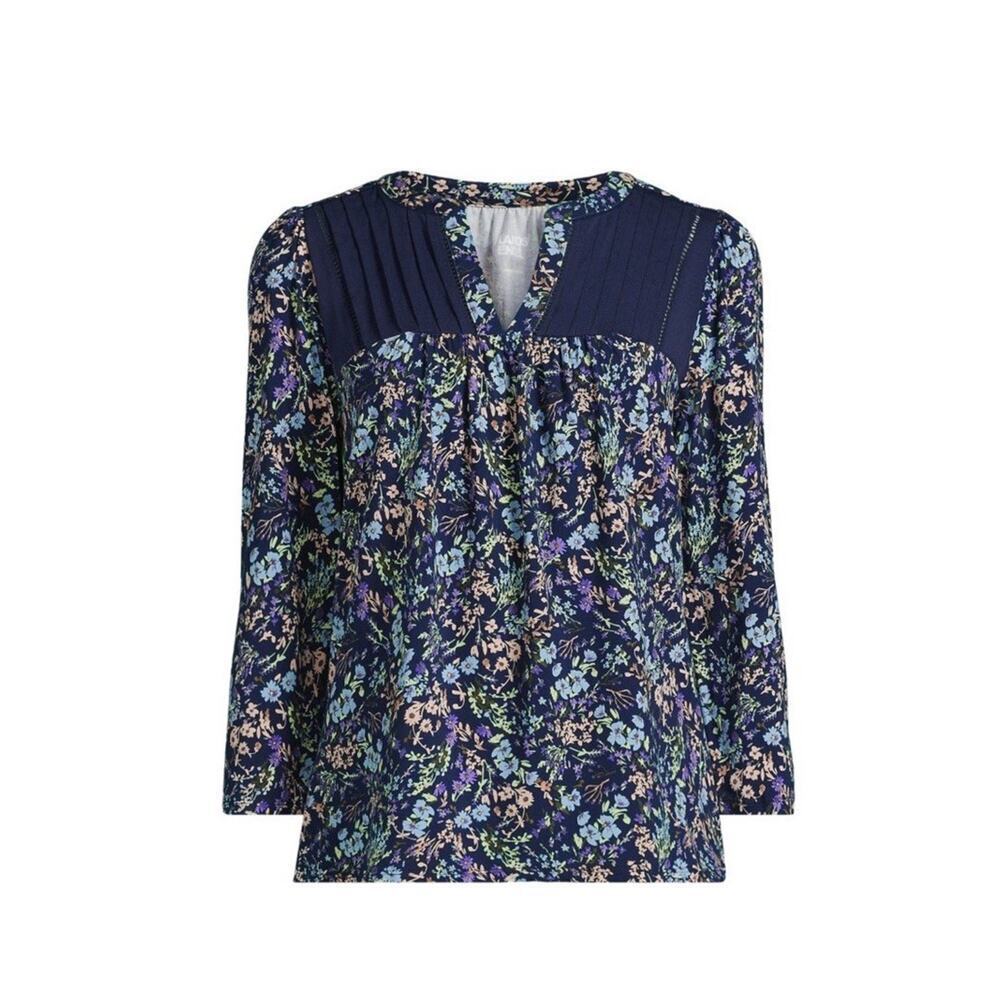 Lands End Womens Plus Size Top 2X Jersey Knit Blouse 3/4 Sleeve Lattice Floral